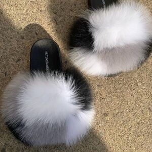 Grey Black and White Teal Fur Slides sizes 7.5-9.5 only.
